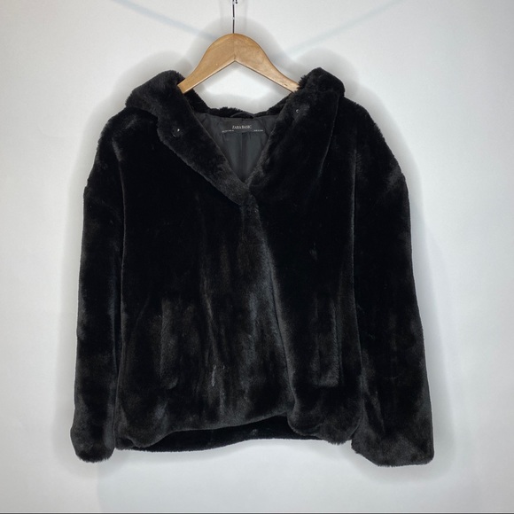 Zara Black Faux Fur Hooded Coat Jacket S - Picture 2 of 11